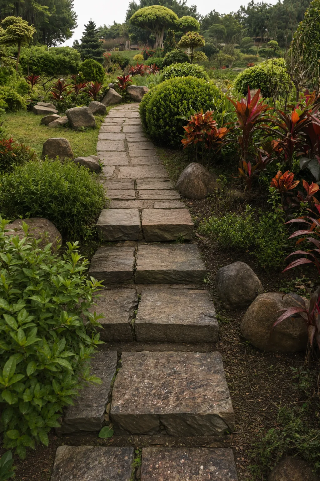 Garden path with green plants