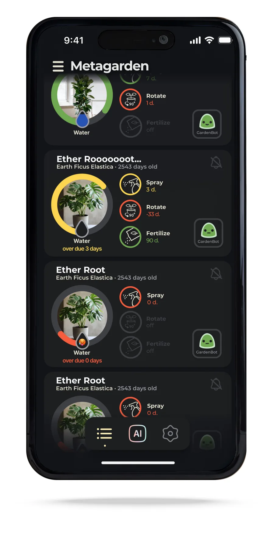 GardenBot app interface on an iPhone